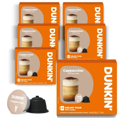 Produktbild von Dunkin' Donuts Cappuccino | 60 Kaffeekapseln | kompatibel mit Dolce Gusto Kaffeemaschinen | Instant Cappuccino | Cremig, süß & ausgewogen