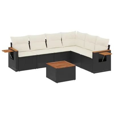 Produktbild von Modulares Gartenmöbel-Set, 7-teilige Lounge-Sitzgruppe für Terrasse, Poly Rattan Schwarz, Akazienholz-Tisch, cremeweiße Kissen mit abnehmbaren Bezügen