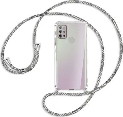 Produktbild von Handykette Backcover-Schutzhülle mit Band (Metall silberfarben) für Motorola Moto G10 (Power), G20, G30 - weiß/grau kariert