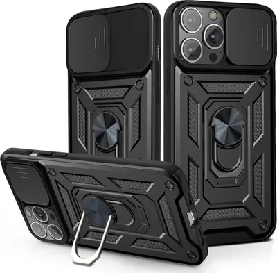 Immagine prodotto di iPhone 13 Pro Max Custodia con anello magnetico girevole a 360° Supporto per fotocamera Slide Protection Custodia protettiva in silicone TPU Bumper per iPhone 13 Pro Max Nero