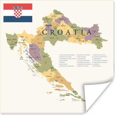 Produktbild von MuchoWow® Poster Karte von Kroatien mit den wichtigsten Städten und Gebieten 30x30 cm - Wandposter - Printing