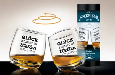 Produktbild von GILDE 2tlg. Set, Wackelglas, "Glück", Spruch, Glas, klar, VE 3, H. 8.5 cm, D. 7.5 cm