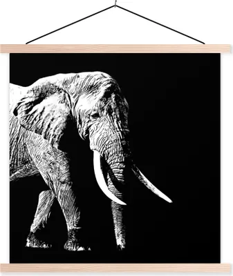 Produktbild von MuchoWow® Textilposter Elefant - Tiere - Schwarz - Weiß 120x120 cm mit holzfarbenen Rahmen - Textil-Poster