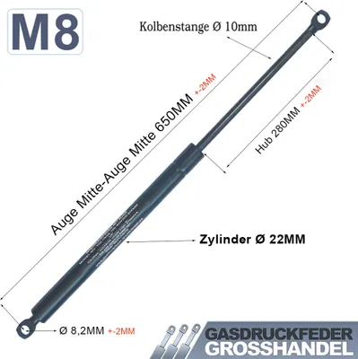 Produktbild von Gasdruckfeder Gasdruckdämpfer Augenaufnahme LÄNGE: 650mm HUB: 280mm KRAFT: 450N