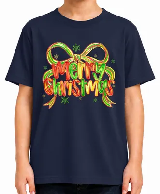 Produktbild von Merry Christmas Glitzer Schleife Schneeflocken Weihnachten Winter Kinder T-Shirt, Navy, 116