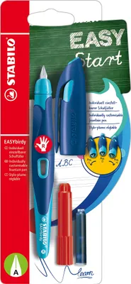 Produktbild von Ergonomischer Schulfüller für Rechtshänder mit Anfänger-Feder A - STABILO EASYbirdy in mitternachtsblau/azur - Einzelstift - Schreibfarbe blau (löschbar) - inklusive Patrone und Einstellwerkzeug