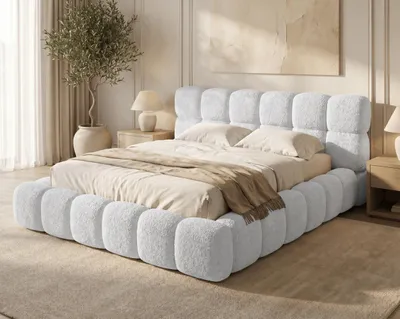 Zdjęcie produktu dla BESILIO Łóżko z grubej pianki 180x200 boucle Tokyo - łóżko z pojemnikiem i stelażem - Jasnoszary