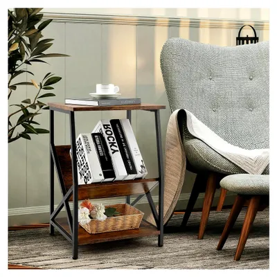 Produktbild von 2-in-1 Beistelltisch, Sofatisch als Nachttisch & Bücherregal, Wohnzimmertisch im Industrie-Design, Telefontisch mit Metallrahmen in X-Form, 40 x 30 x 61 cm