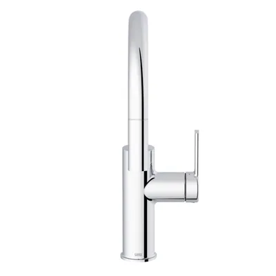 A product shot of a chrome kitchen faucet against a white background.