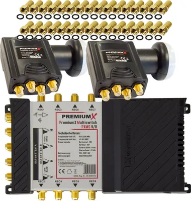 Produktbild von PremiumX Multischalter Set 9/8 SAT 2x Deluxe Quattro LNB 32x F-Stecker