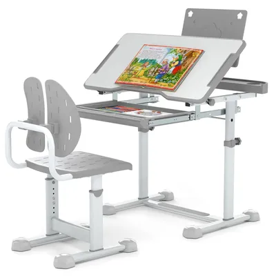 Kinderbureau mit Stuhl, höhenverstellbar, neigbare Tischplatte, Grau