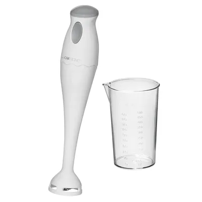 A white Clatronic immersion blender and a clear measuring cup are displayed against a white background.