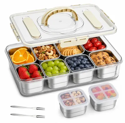 Produktbild von Snackbox mit 8 RVS Fächern und Griff, Auslaufsichere Snackaufbewahrung