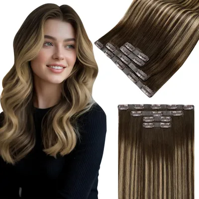 Productafbeelding van Haarverlengingen, echt haar, bruin met balayage-effect, 50 cm, glad, ombré-effect: donkerbruin met karamelblond, 4 stuks, 100 gram