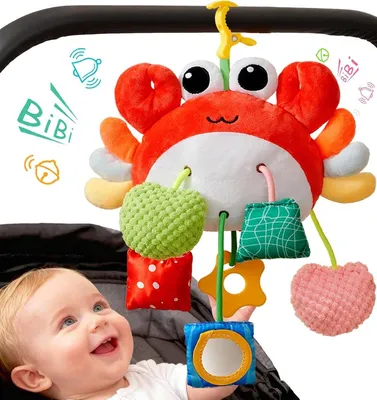 Image de Jouet d'éveil suspendu pour bébé en forme de crabe, avec hochet et miroir, pour poussette
