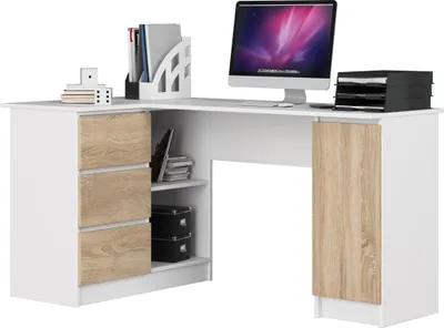 Produktbild von Akord Linker Eckschreibtisch 3 Schubladen 1 Schrank Weiß/Sonoma-Eiche 155X85X77 Cm