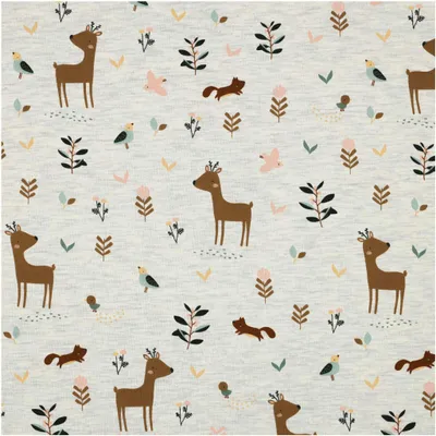 Motiv-Jersey meliert Kindermotive ab 0,5m Baumwoll-Stoff Meterware Reh Waldtiere creme