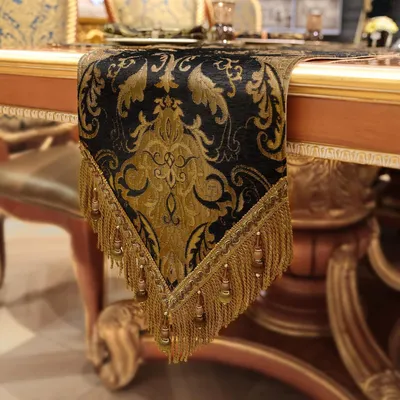 Produktbild von Tischläufer mit Quasten, Jacquard-Tischdecke für Esstisch, Urlaubsparty Wohnzimmer Dekoration (33x180cm, schwarz)