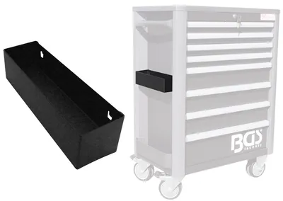 A black storage tray is shown next to a tool cart.