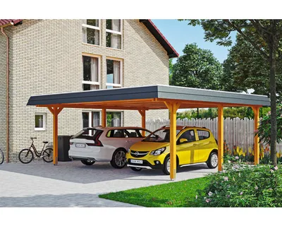 Produktbild von Doppelcarport SKAN HOLZ Wendland schwarze Blende inkl. EPDM Folie, Pfostenanker 630 x 637 cm eiche hell