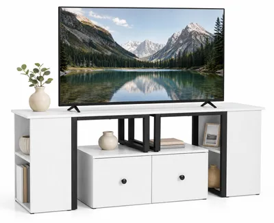 Obrázok produktu pre Drevená televízna komoda COSTWAY, nízka komoda s 2 veľkými zásuvkami a 4 bočnými priehradkami, televízny stolík s úložným priestorom, stojan na televízor, 140 x 30 x 50 cm