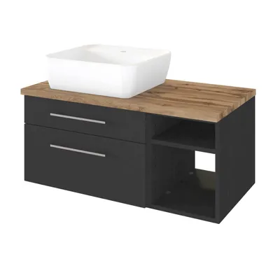 Produktbild von Waschtisch-Unterschrank 90 cm mit Siphonausschnitt Links inkl. Keramik Aufsatzwaschbecken & Regal TAREE-03 in matt grau