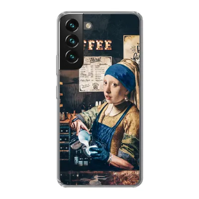 Produktbild von MuchoWow® Handyhülle Schutzhülle Hülle für Samsung Galaxy S22 Mädchen mit Perlenohrring - Cappuccino - Barista - Vermeer - Kaffee - Gemälde Silikon Softcase Handy Hülle - Mobiltelefonhülle