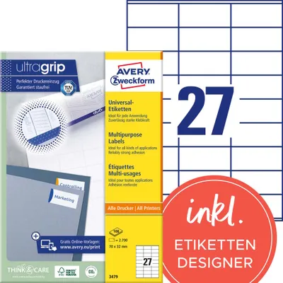 Produktbild von Avery Zweckform 3479 Universal-Etiketten, A4 mit ultragrip,  70 x 32 mm, weiß