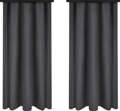 Two dark gray curtains are shown hanging side-by-side against a white background.