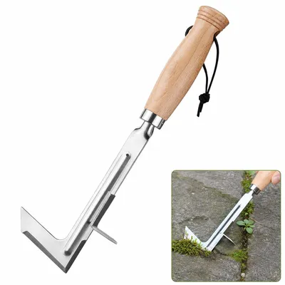 Produktbild von Fugenkratzer L Form Unkrautentferner Garten Werkzeug, Edelstahl Klinge mit Holzgriff, effektiv gegen Moos & Unkraut zwischen Pflastersteinen