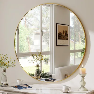 Produktbild von Koonmi runder Wandspiegel 40 cm, Aluminiumrahmen, Gold, Bad und Schminkspiegel zur Wandmontage für Badezimmer, Schlafzimmer und Eingangsbereich