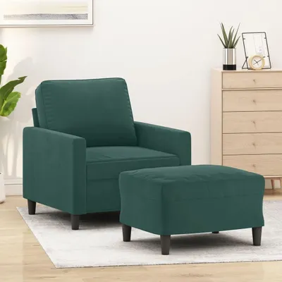 Produktbild von Dunkelgrüner Sessel mit 60 cm hohem Hocker aus Samt für Wohnzimmer und Wohnbereich