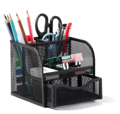 Produktbild von Schreibtisch-Organizer aus Metallgitter mit 4 Fächern und einer ausziehbaren Schublade.