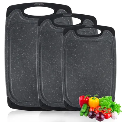 Produktbild von Schneidebrett-Set aus Kunststoff, 3-teilig, mit Saftrillen und rutschfesten Griffen, BPA-frei, spülmaschinenfest