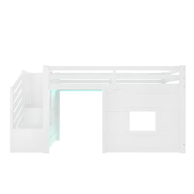 Produktbild von Merax Etagenbett 90x200, mit Fenster, LED, Stauraumtreppe, Sicherheitshandlauf, Hochbett Kinderbett Holzbett, Jugendbett, Stockbett, Weiß
