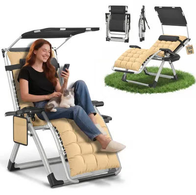 Obrázok produktu pre TRMLBE Skladacie ležadlo so slnečnou strieškou, nastaviteľným operadlom, ergonomické relaxačné ležadlo do záhrady, na balkón a terasu, béžové