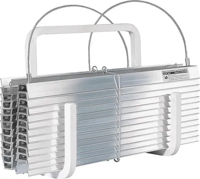 A stack of aluminum ladder rungs with white handles and supports.
