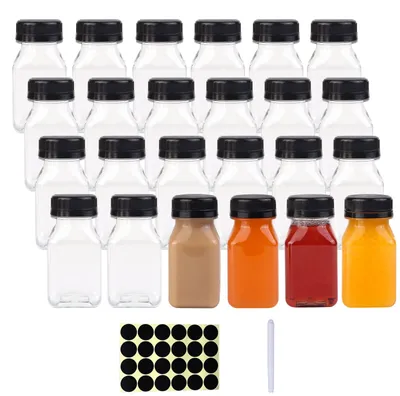Produktbild von Saftflaschen, 100 ml - 24 Stück - Wiederverwendbare Trinkflaschen - Mit Deckel - Transparent - Für Säfte und Getränke
