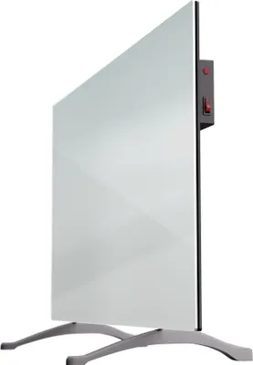 A side view of a white glass panel heater with a gray stand and a red on/off switch.