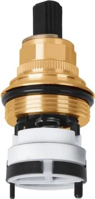 A close-up studio shot of a plumbing valve cartridge.