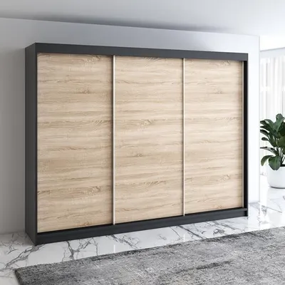 Produktbild von Schwebetürenschrank, 3-türig Schrank mit 4 Schubladen! Moderne Garderobe für Kleidung. Verschiedene Farben (Weiß, Schwarz, Somona) Kleiderschrank  MERO 200 cm