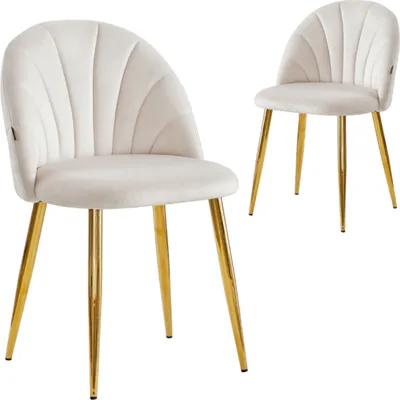 Two beige upholstered chairs with gold metal legs are shown against a white background.