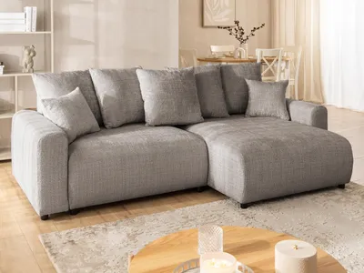 Produktbild von Calma - Komfortables Ecksofa im Bumpy-Design mit Schlaffunktion und Bettkasten aus weichem Taupe Chenille-Stoff