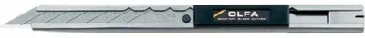 A close-up studio shot of a silver and black OLFA utility knife with a blade extended.