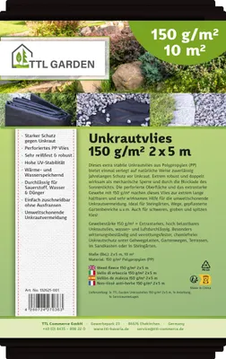 Produktbild von TTL GARDEN Unkrautvlies 10m² 2x5m schwarz 150g/m² Gartenvlies Mulchvlies Folie gegen Unkraut PP-Vlies