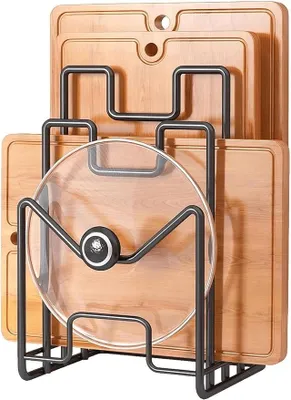 Produktbild von PolkaHome® Schneidebrett-Ständer mit 4 Fächern, Deckelhalter zur Aufbewahrung von Topfdeckeln und Schneidebrett-Spateln