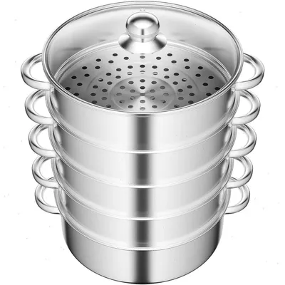 Image de Casserole vapeur 28 cm - Cuiseur vapeur en acier inoxydable à 5 couches - Panier vapeur multicouche - Couvercle en verre - Empilable - Argent