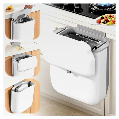 Produktbild von Faltbarer Hängemülleimer mit Deckel, 10L für Wandmontage und Camping, geruchsdicht und für Schranktüren geeignet (Weiß)