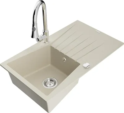 Produktbild von Mexen Cesar Granitspüle 1-Becken mit Abtropffläche und Küchenarmatur Elia, beige - 6514-69-670101-00