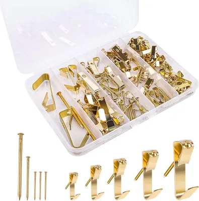 Produktbild von 120-teiliges Bilderhaken-Set, Bilderaufhänger-Set, Wandhaken aus Edelstahl zum Aufhängen von Rahmen, Spiegeln und Kunstwerken mit Nägeln (5 Größen, Gold)